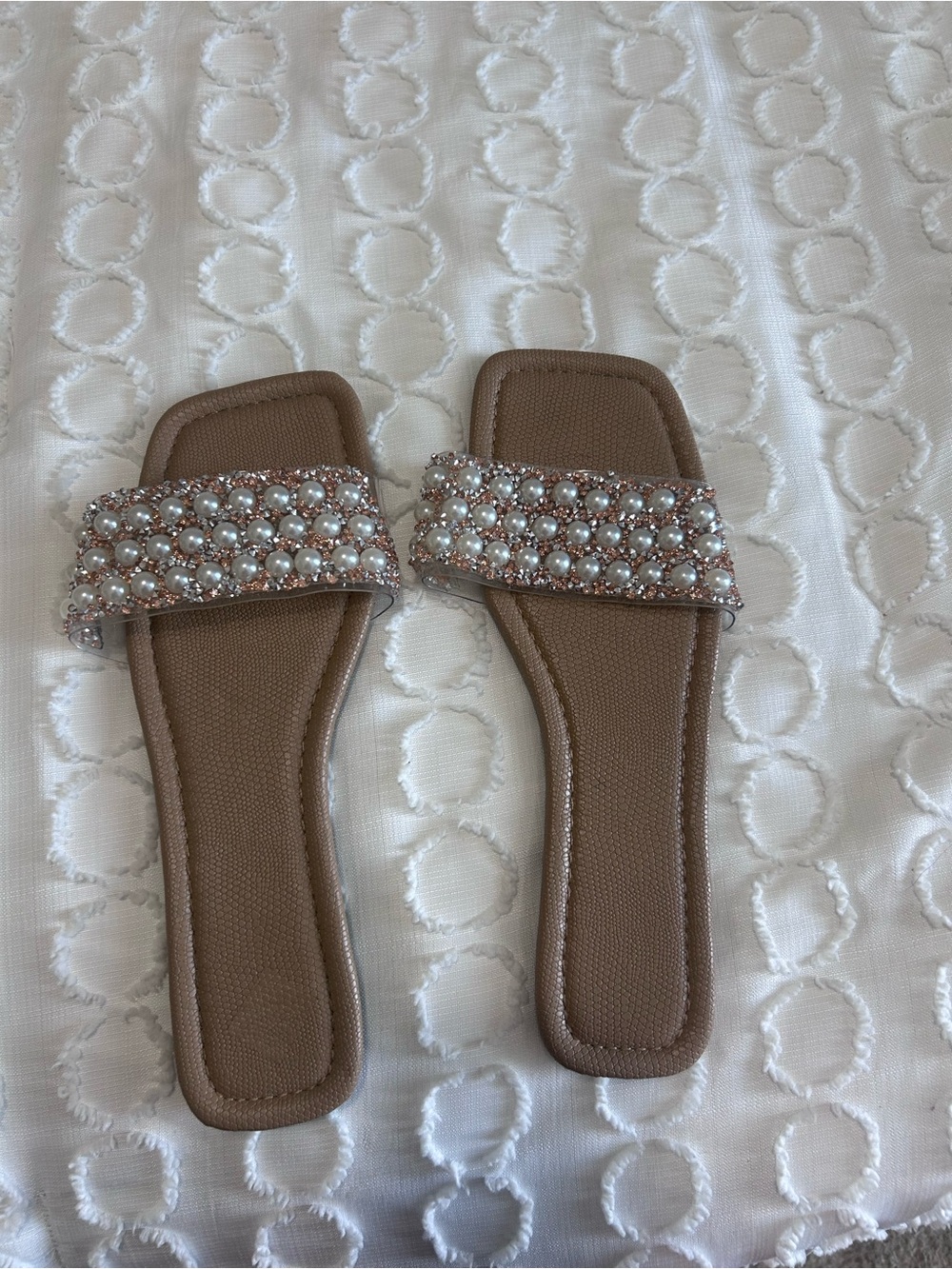 SHEIN Taupe Slide Sandals with Pearl & Crystal Strap